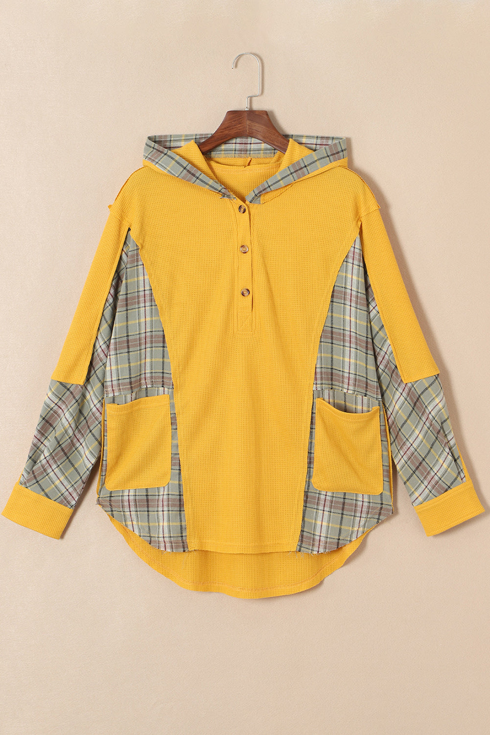 Waffle Knit Plaid Patchwork Pocketed Henley Hoodie | Yellow