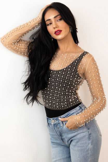 Pearl And Rhinestone Detail Sheer Mesh Top | Apricot