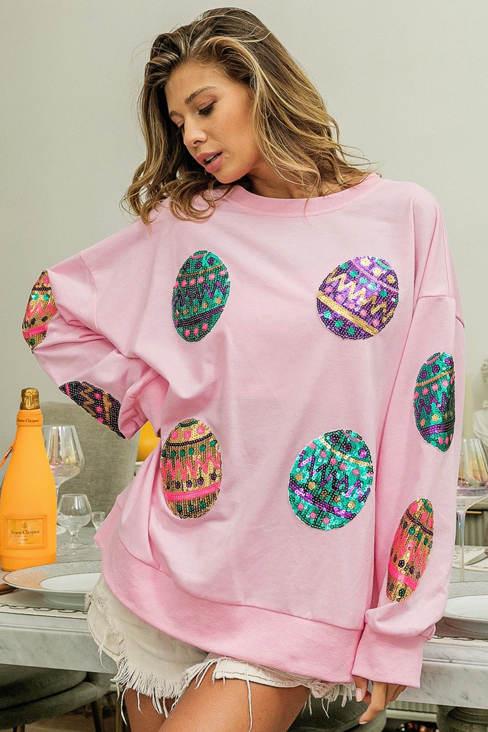 Sequined Easter Egg Drop Shoulder Oversized Sweatshirt | Pink