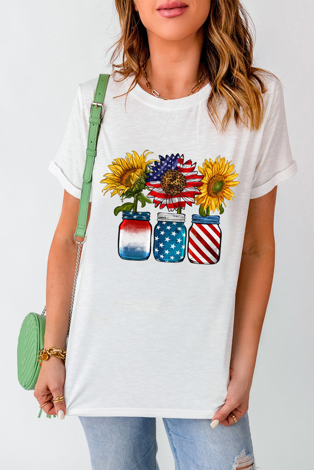 American Flag Sunflower Graphic T Shirt | White