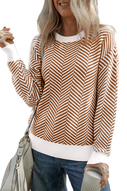 Contrast Edge Crew Neck Drop Shoulder Sweater | Coffee