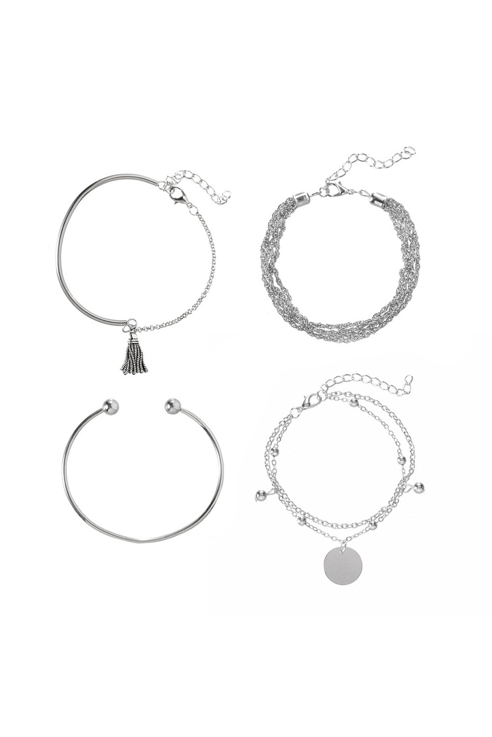 Multilayer Chain Disc Tassel Pendant y Bracelet Set | Silver