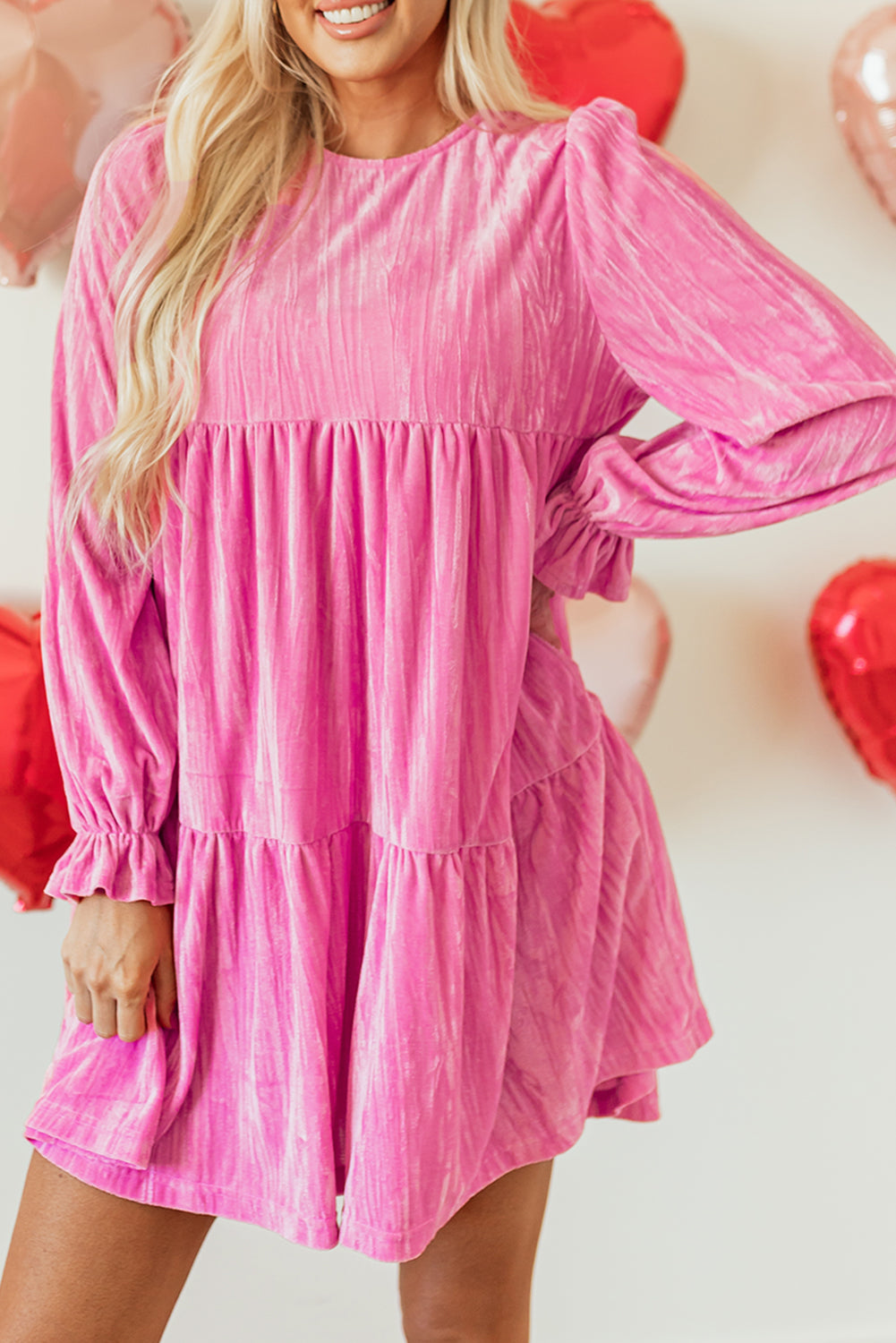 Flounce Sleeve Tiered Ruffled Velvet Mini Dress | Strawberry Pink