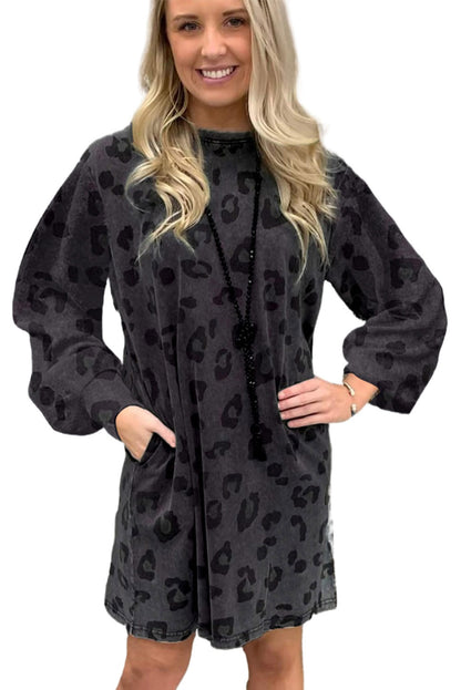 Leopard Pocketed Puff Sleeve Mini Dress | Gray