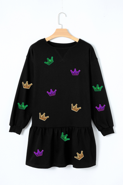 Mardi Gras Crown Patched Long Sleeve Ruffle Hem Dress | Black