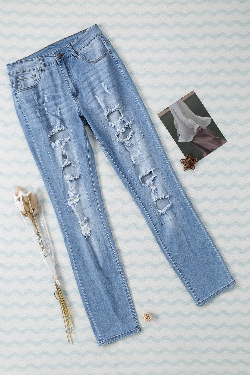 Buttoned Pockets Distressed Jeans | Sky Blue