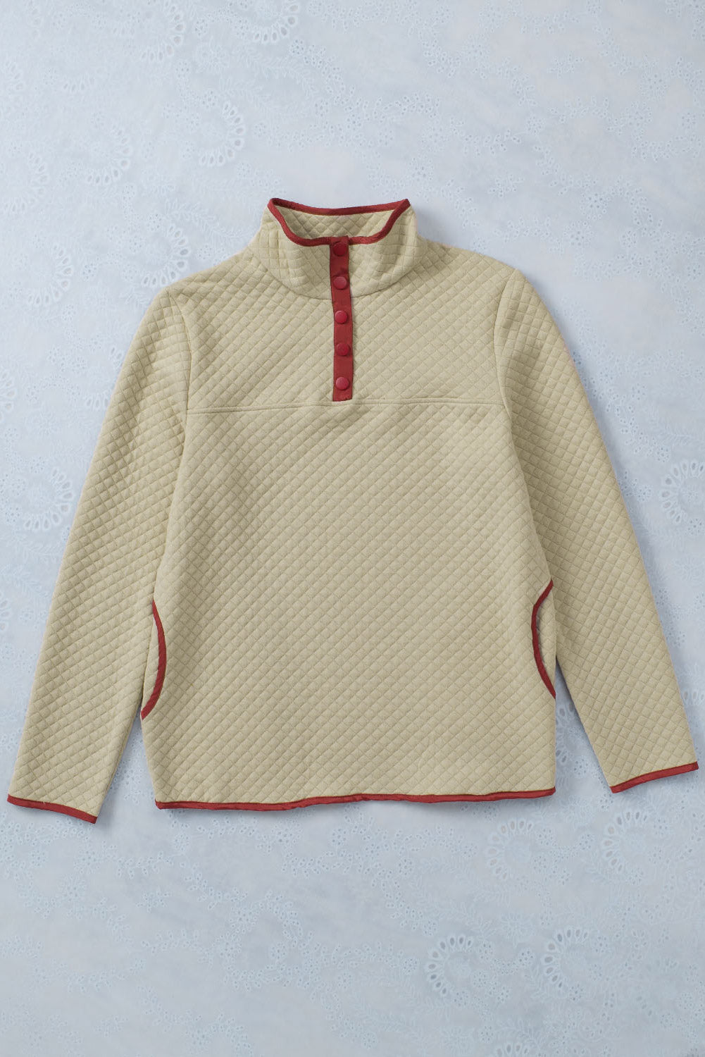 Contrast Binding Snap Button Geometric Pullover Sweatshirt | Beige