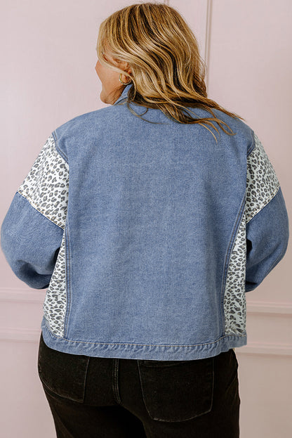 Leopard Patchwork Flap Detail Plus Size Denim Jacket | Beau Blue