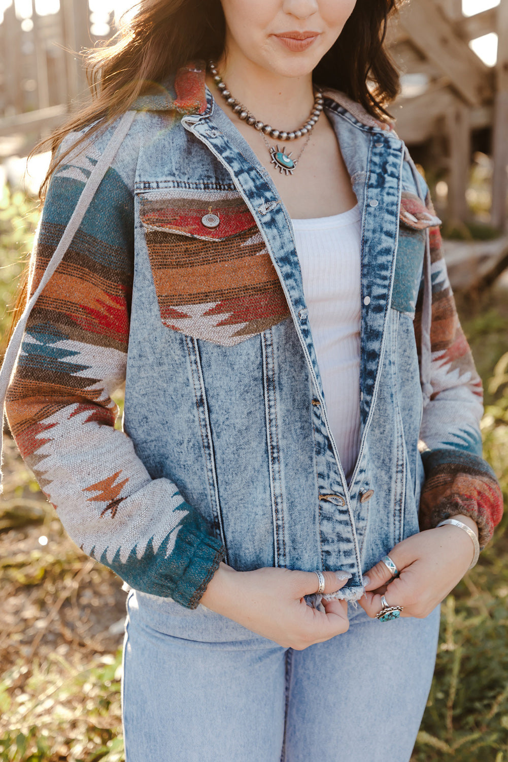 Aztec Print Frayed Hem Denim Jacket | Multicolour