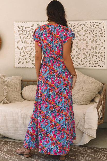 Floral Print V Neck Wrap Split Maxi Dress | Blue