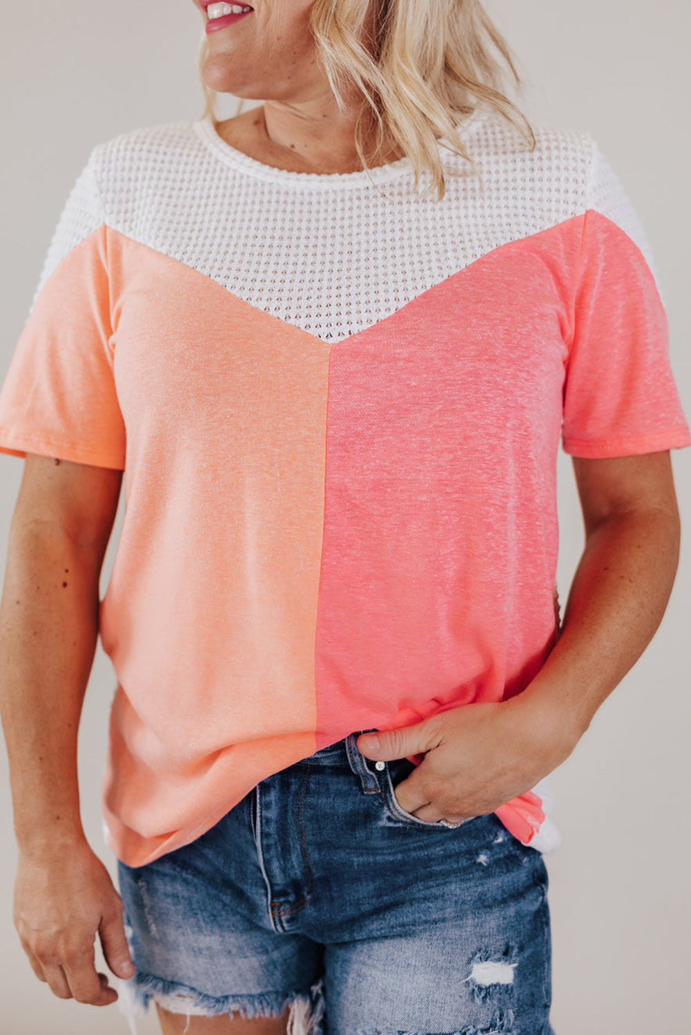 Plus Size Colourblock Waffle Knit Tee | White