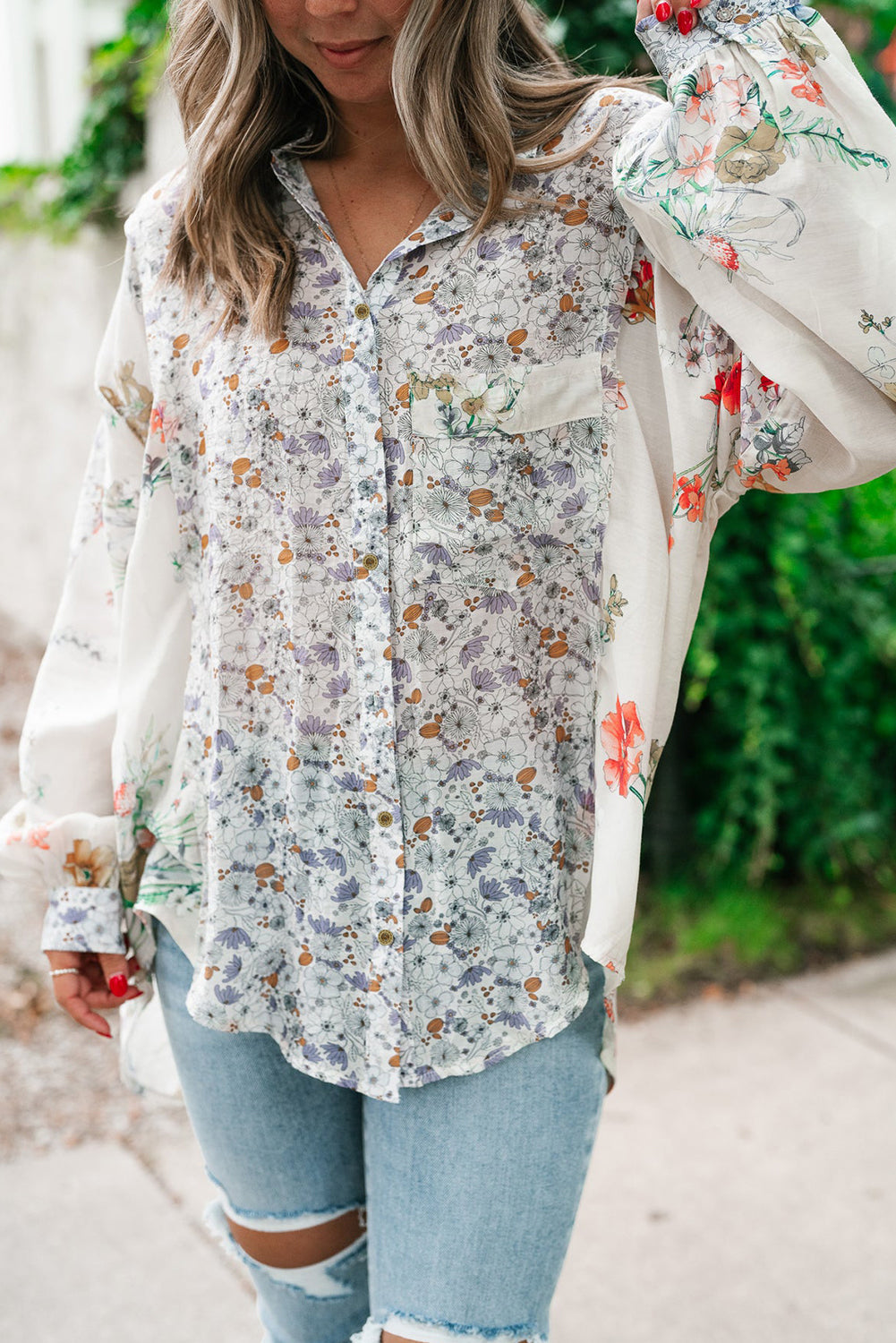 Boho Floral Bishop Sleeve Button Up Loose Shirt | Purple