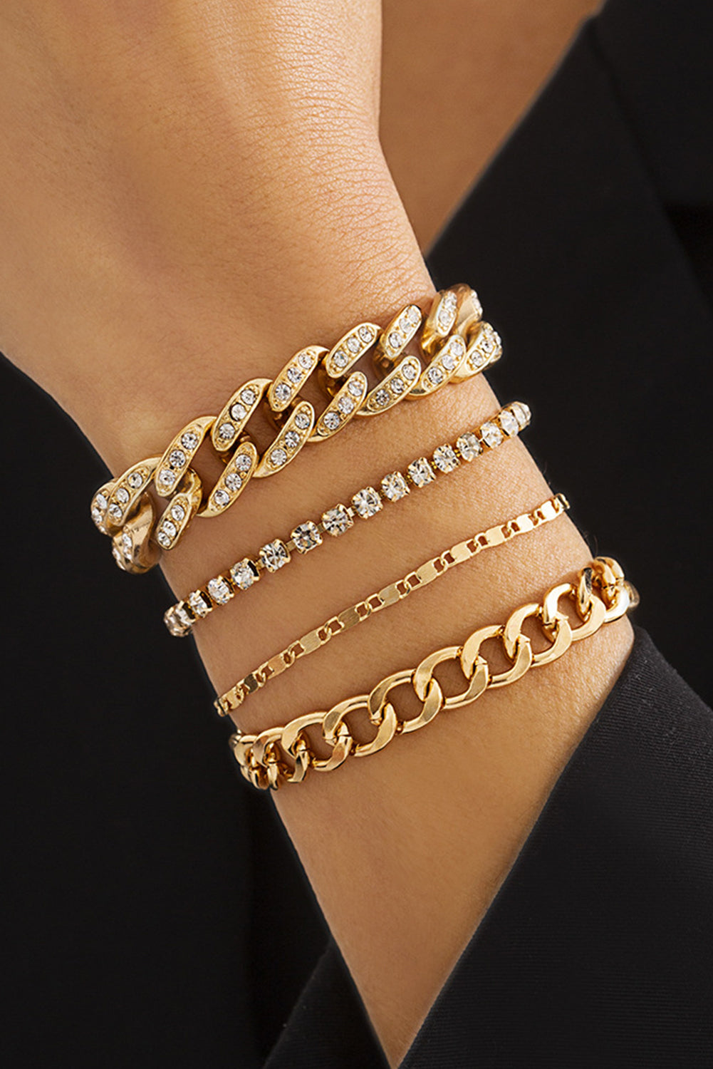 Gold 4pcs Rhinestone Decor Adjustable Chain Plated Bracelet Set