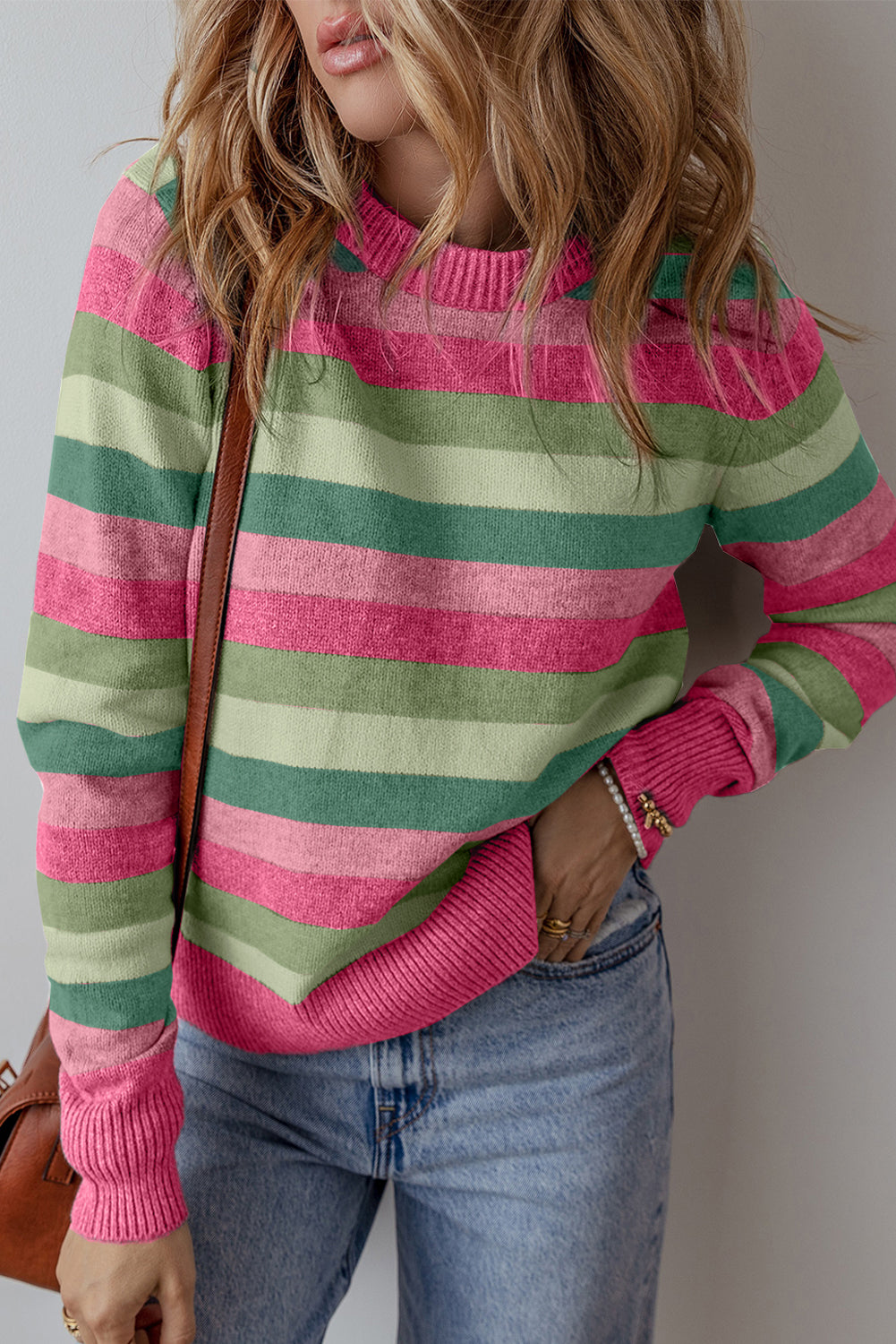 Colour Block Ribbed Edge Round Neck Sweater | Green