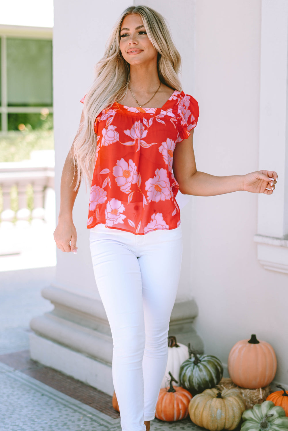 Fiery  Floral Square Neck Ruffle Sleeve Blouse | Red