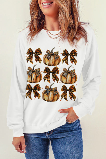 Pumpkin Leopard Bow Knot Print Pullover Sweatshirt | Beige