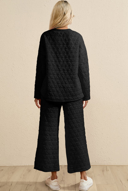 Solid Quilted Pullover And Pants Outfit | Black