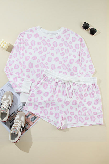 Leopard Print Long Sleeve Top Plus Size Shorts Set | Pink