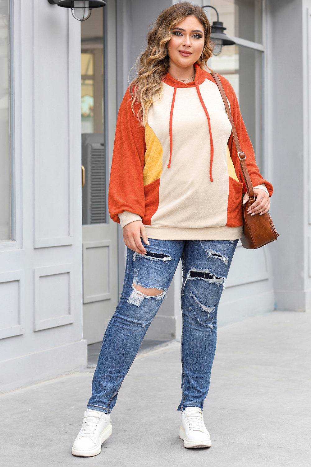 Plus Size Colourblock Raglan Hoodie With Pockets | Orange