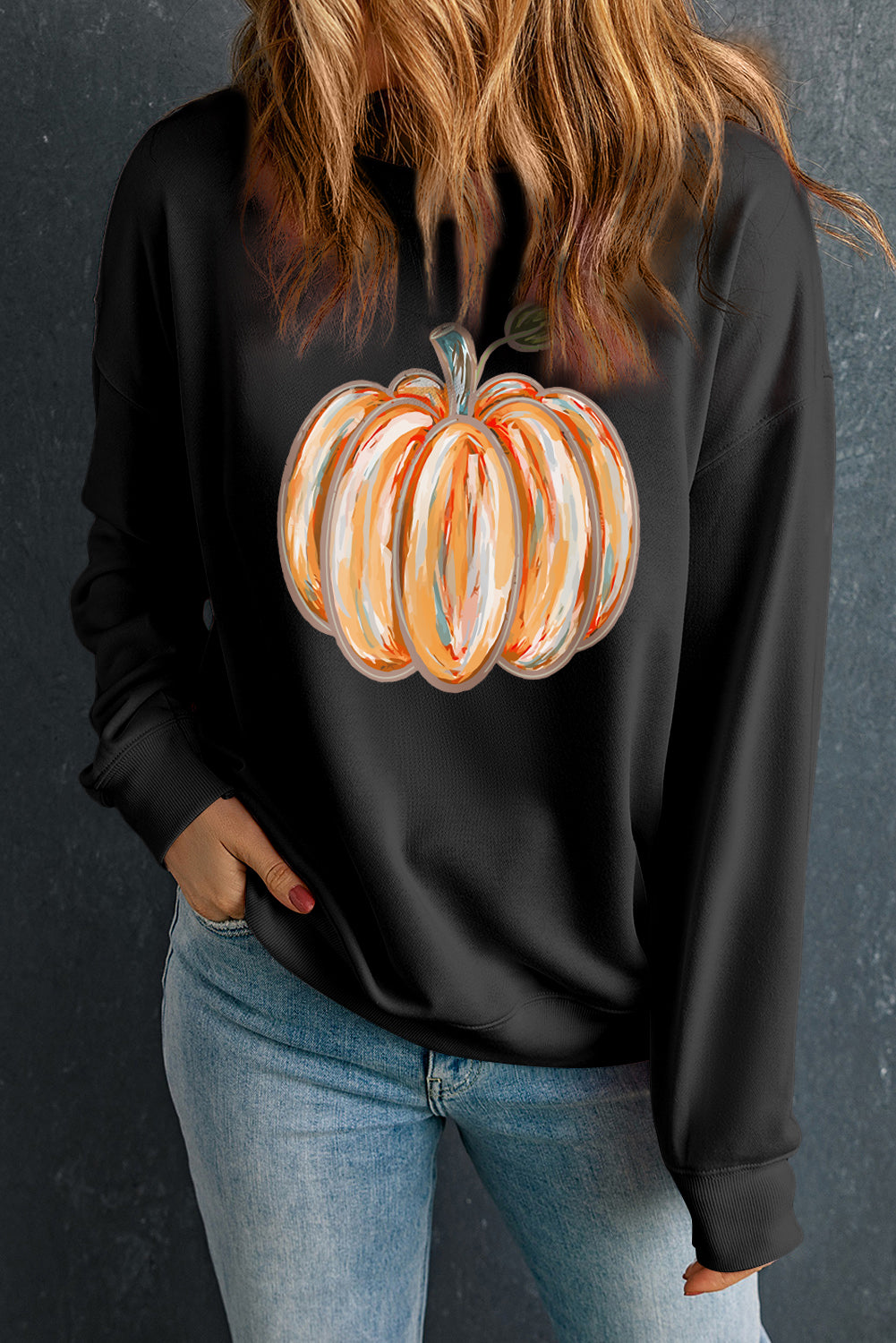 Thanksgiving Pumpkin Graphic Drop Shoulder Sweatshirt | Black