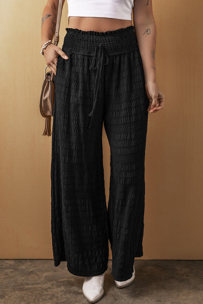 Textured Wide Smocked Waist Loose Pants | Black