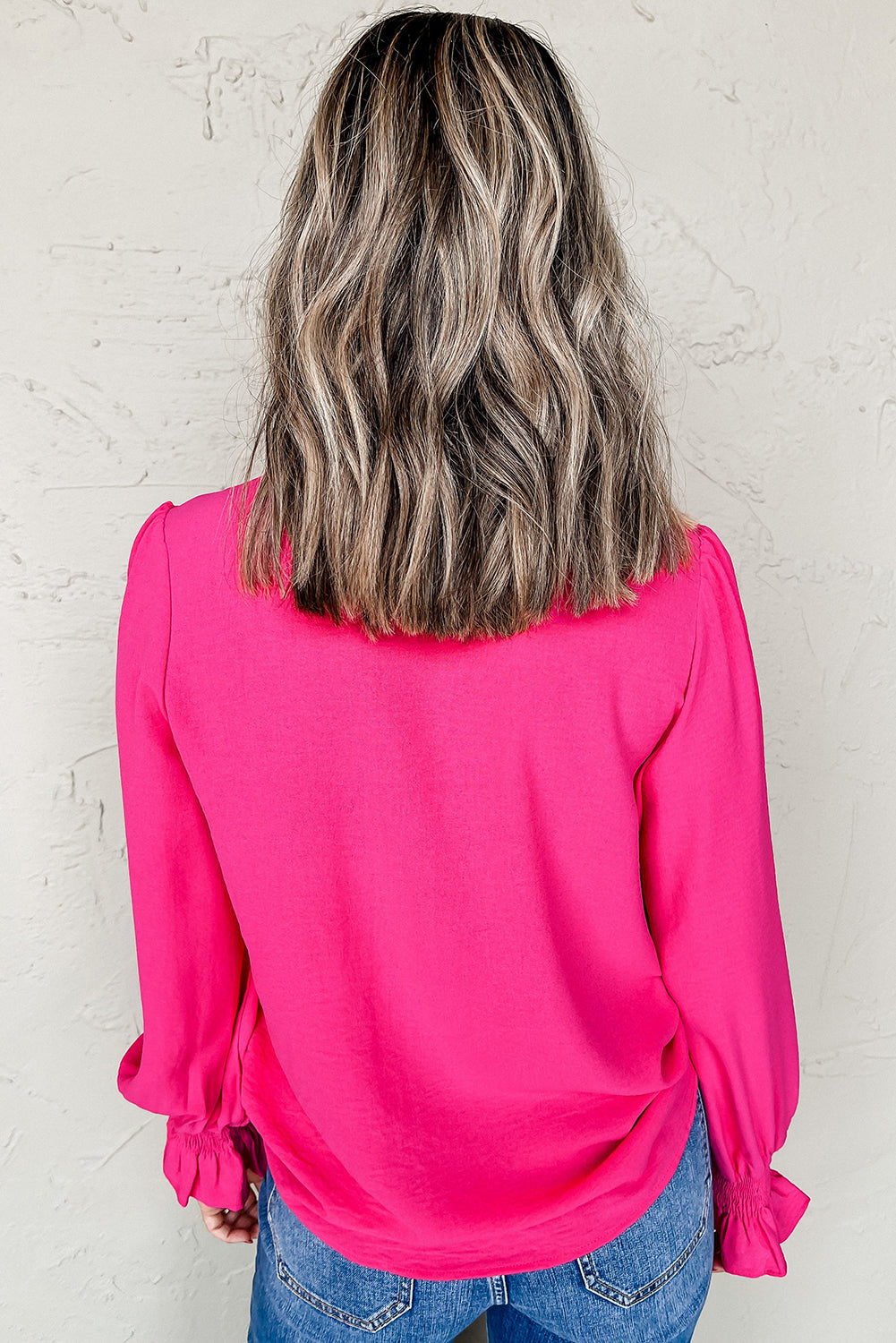 Solid Colour Shirred Cuff Notch V Neck Blouse | Rose Red