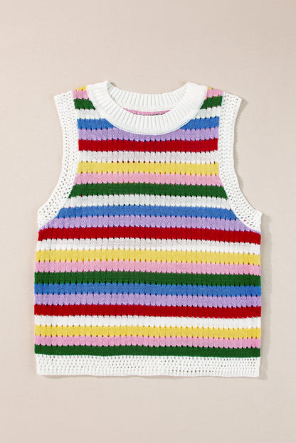 Striped Knitted Eyelet Slim Sweater Vest | Multicolour