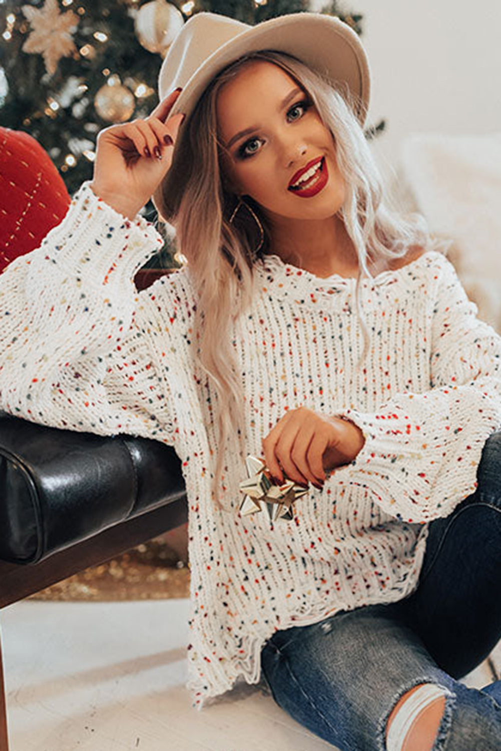 Colourful Confetti Distressed Knit Sweater | White