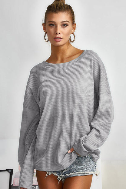 V Cut Drawstring Back Waffle Knit Long Sleeve Top | Gray