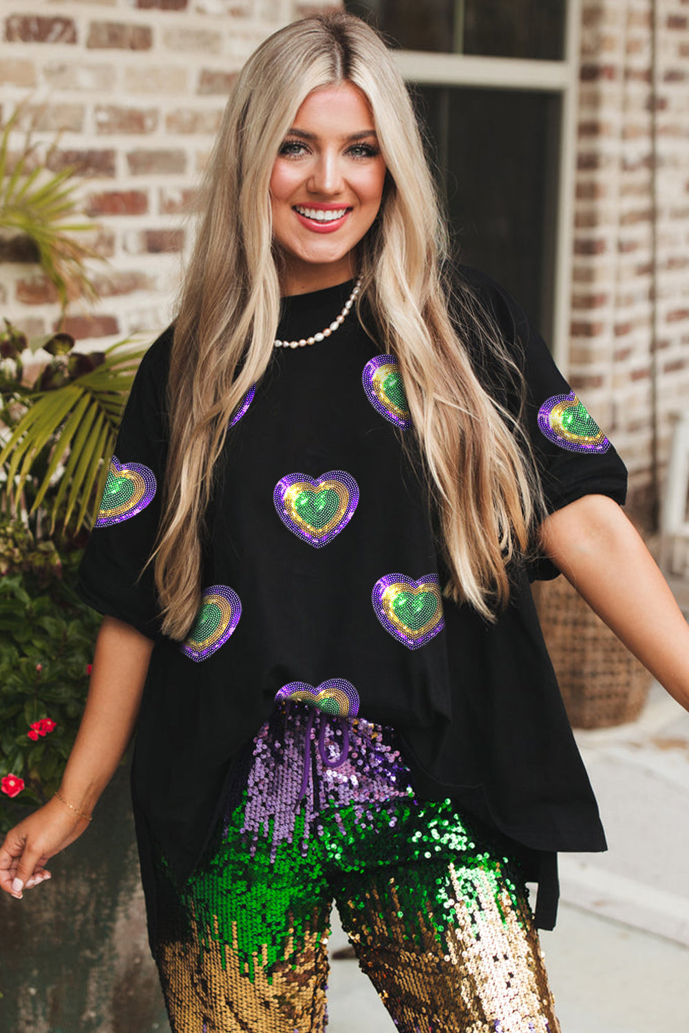 Sequin Mardi Gras Heart Patched Oversized T Shirt | Black