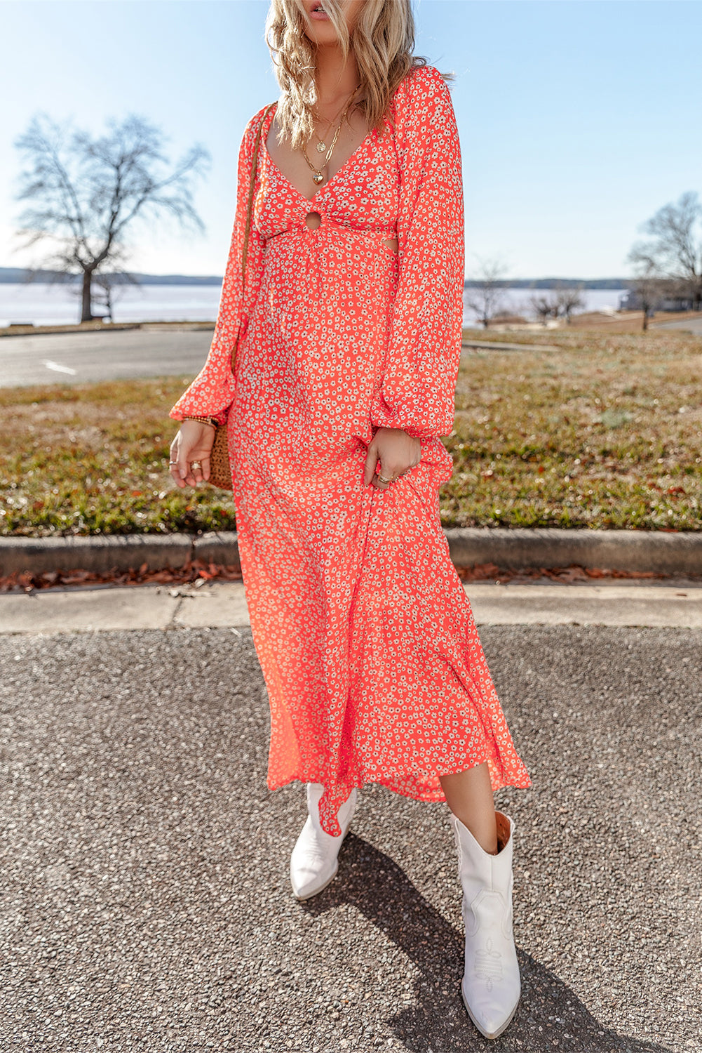 Floral Long Puff Sleeve V Neck Hollow Out Dress | Red