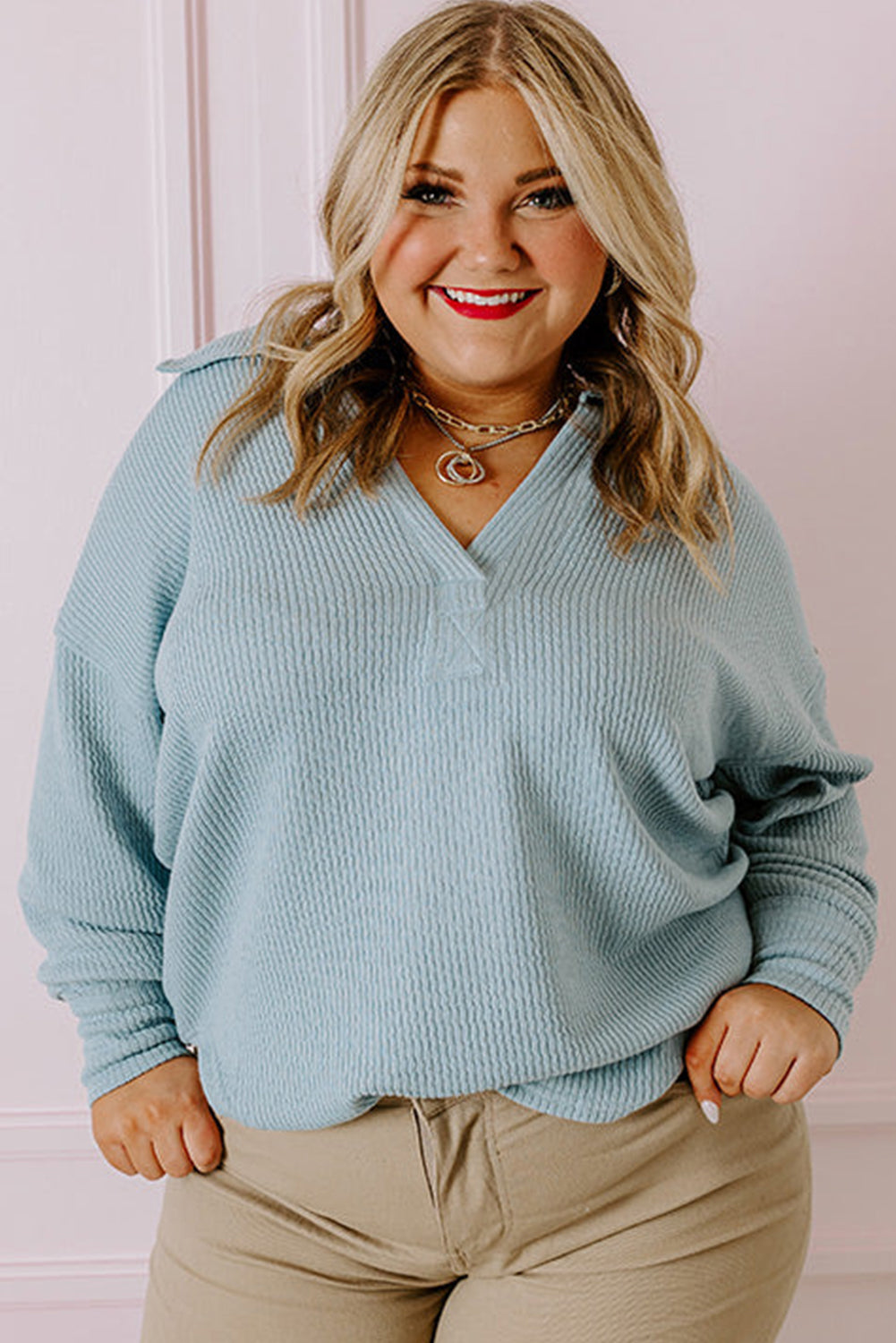 Textured Turn-Down V Neck Drop Shoulder Plus Size Top | Beau Blue