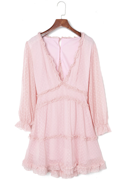 Layered Ruffled Open Back Puff Sleeve Swiss Dot Mini Dress | Pink