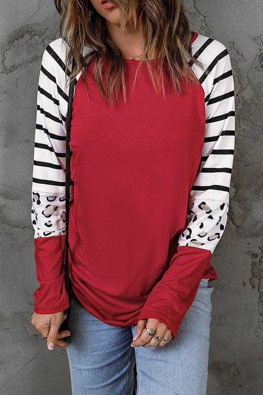 Red Striped Animal Print Colorblock Long Sleeve Top