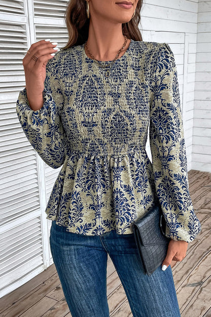 Boho Printed Balloon Sleeve Smocked Peplum Blouse | Sky Blue