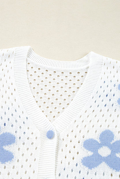 Flower Knit Hollow Out Open Short Cardigan | White