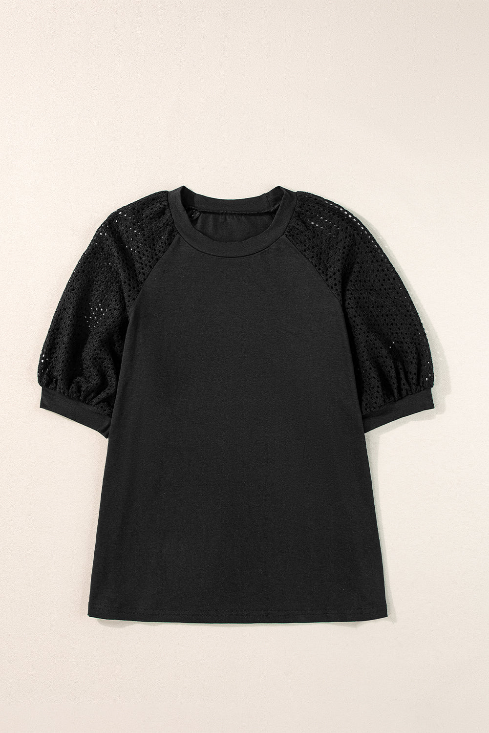 Pointelle Lace Half Sleeve Crew Neck Tee | Black