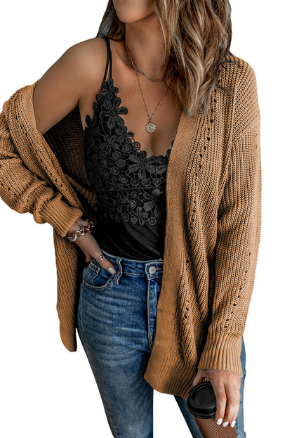 Drop Sleeve Cable Knit Cardigan With Slits | Apricot