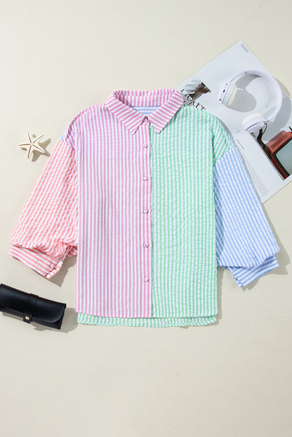 Colour Block Balloon Sleeve Buttoned Loose Fit Shirt | Pink Stripe