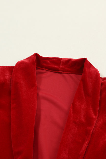 Fiery  Velvet Open Front Pocketed Long Duster | Red