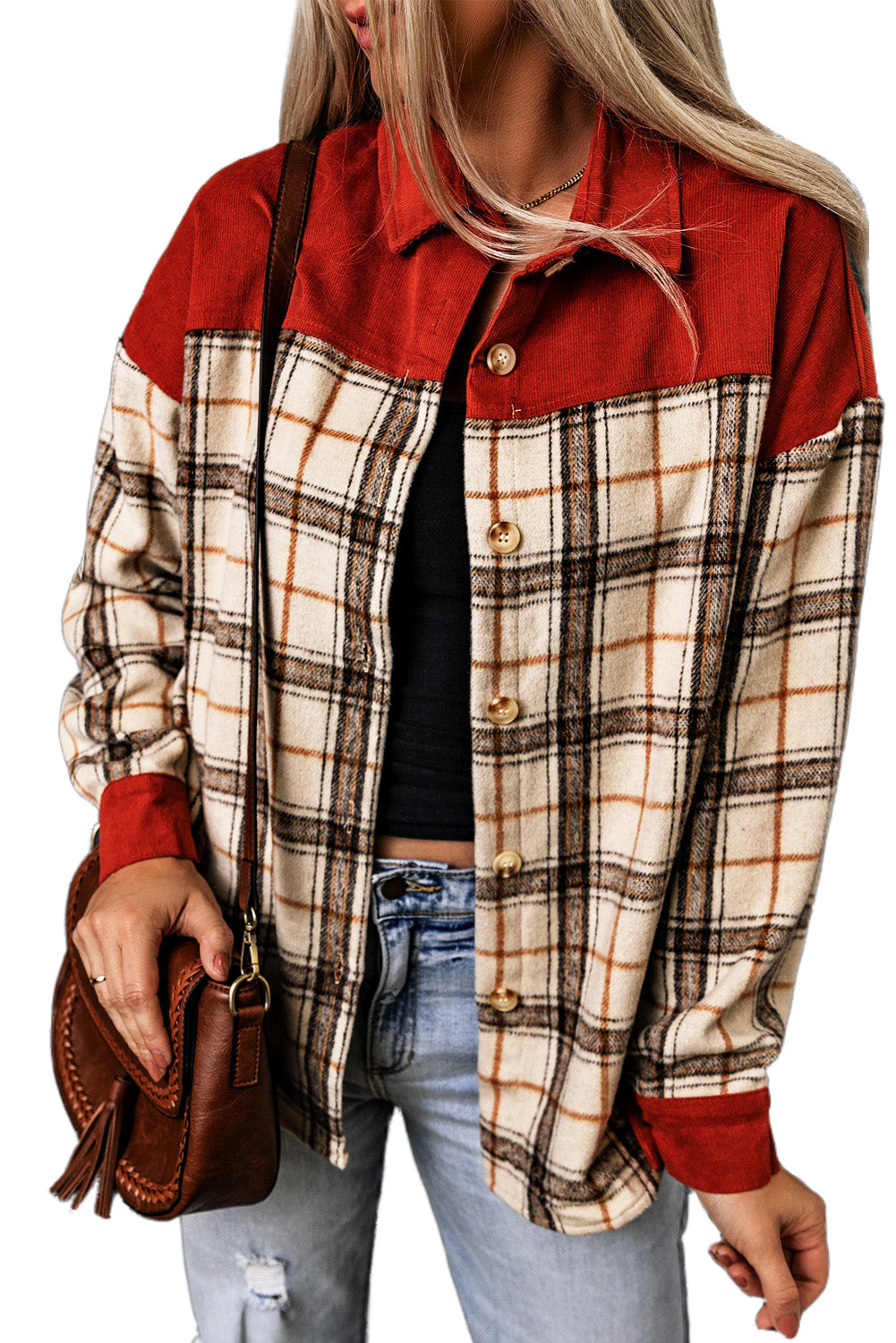 Contrast Corduroy Plaid Shacket | Orange