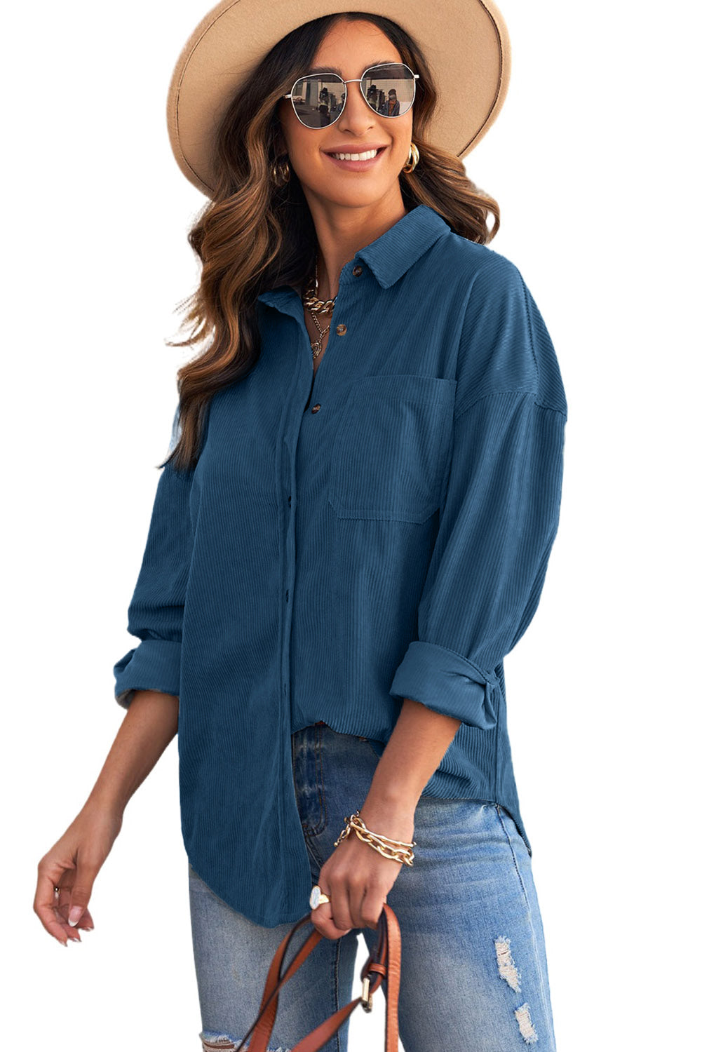 Blue Corduroy Button Pocket Shirt | Sky Blue