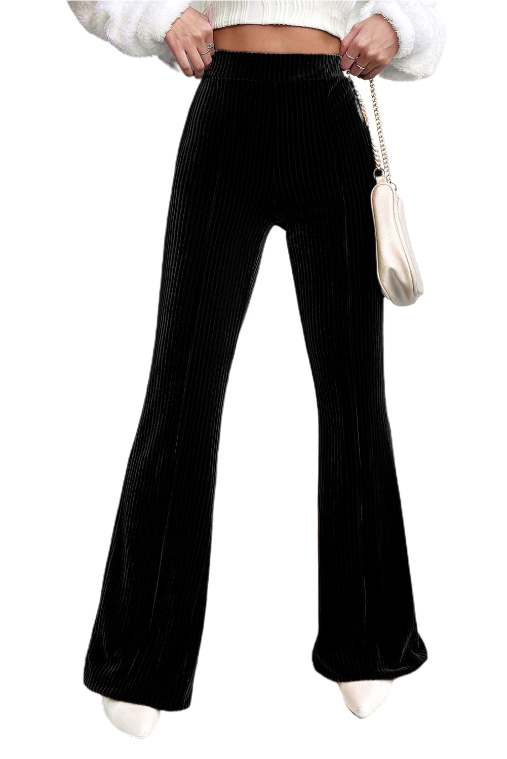 Solid Colour High Waist Flare Corduroy Pants | Black