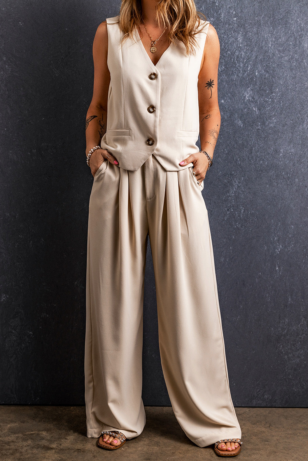 Elastic Waist Pleated Wide Leg Pants | Apricot