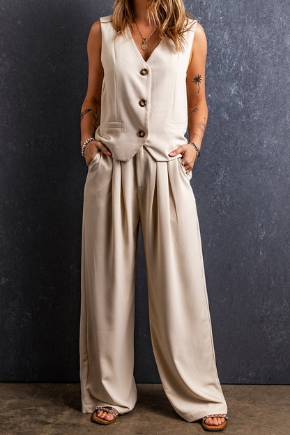 Elastic Waist Pleated Wide Leg Pants | Apricot