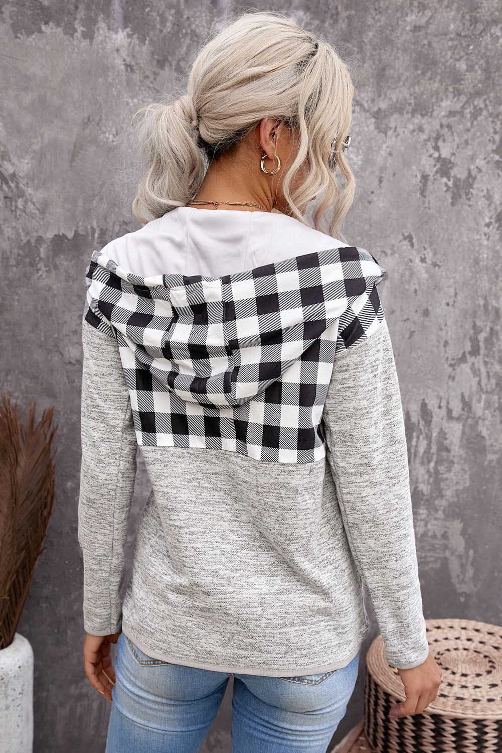 Plaid Splicing Pocketed Hoodie | Black