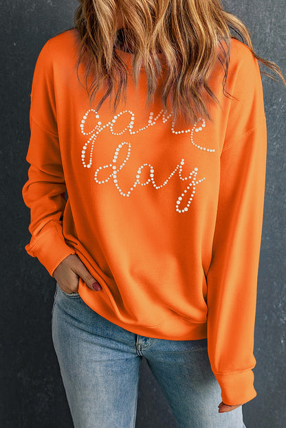 Rhinestone Game Day Pattern Drop Shoulder Sweatshirt | Orange