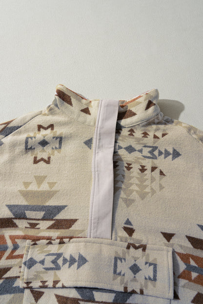 Aztec Print Collared Flap Pocket Sweatshirt | Apricot