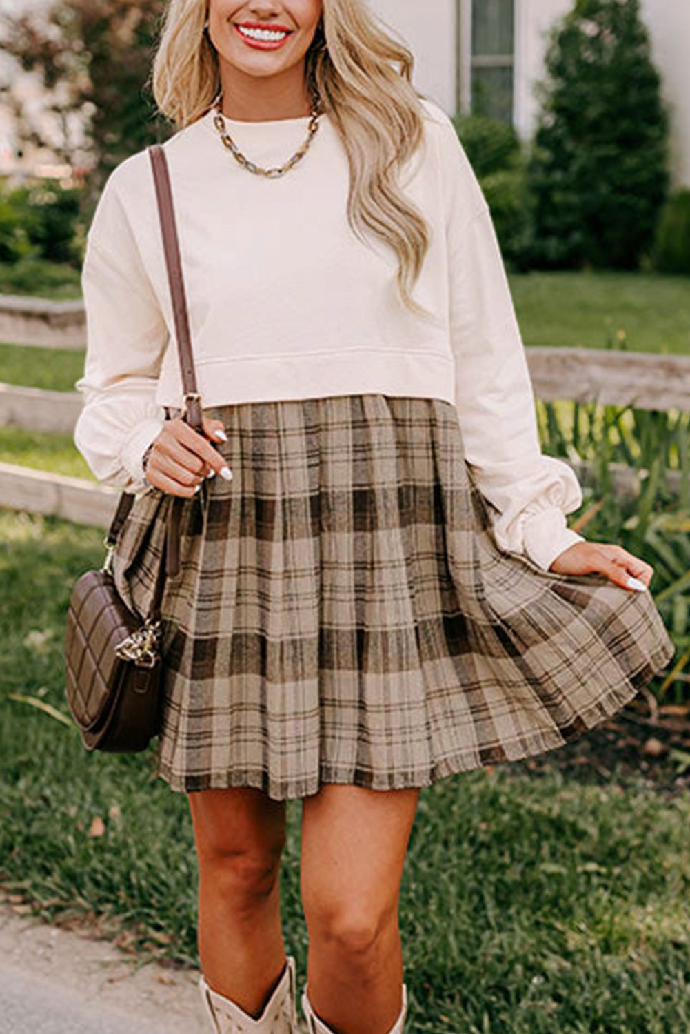 Plaid Patchwork High Waist Sweatshirt Mini Dress | Beige