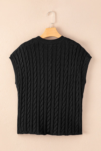 Crew Neck Cable Knit Short Sleeve Sweater | Black